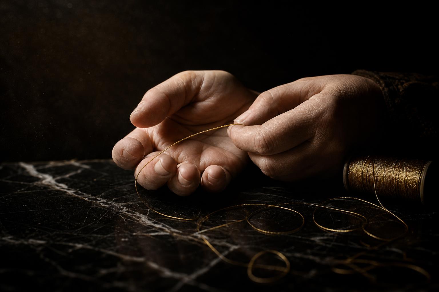 A pair of weary pale hands on black marble loosely holding a long antique-gold thread that spools off into shadow.