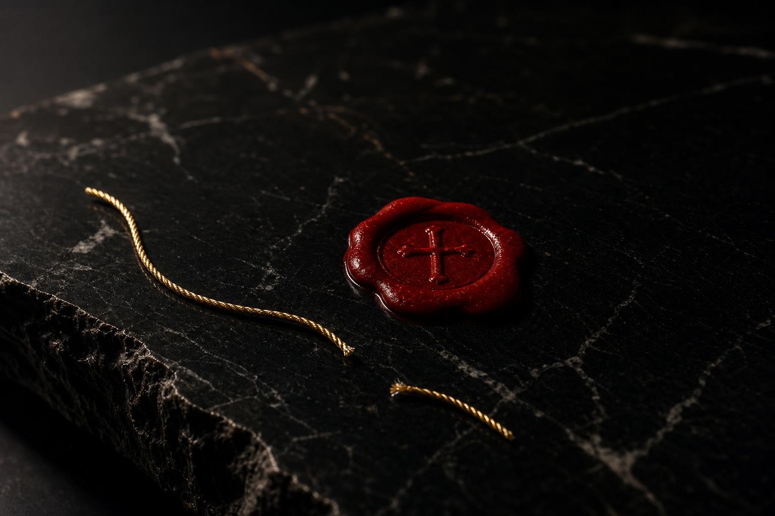 A severed golden thread on black marble beside a small blood-red wax seal.
