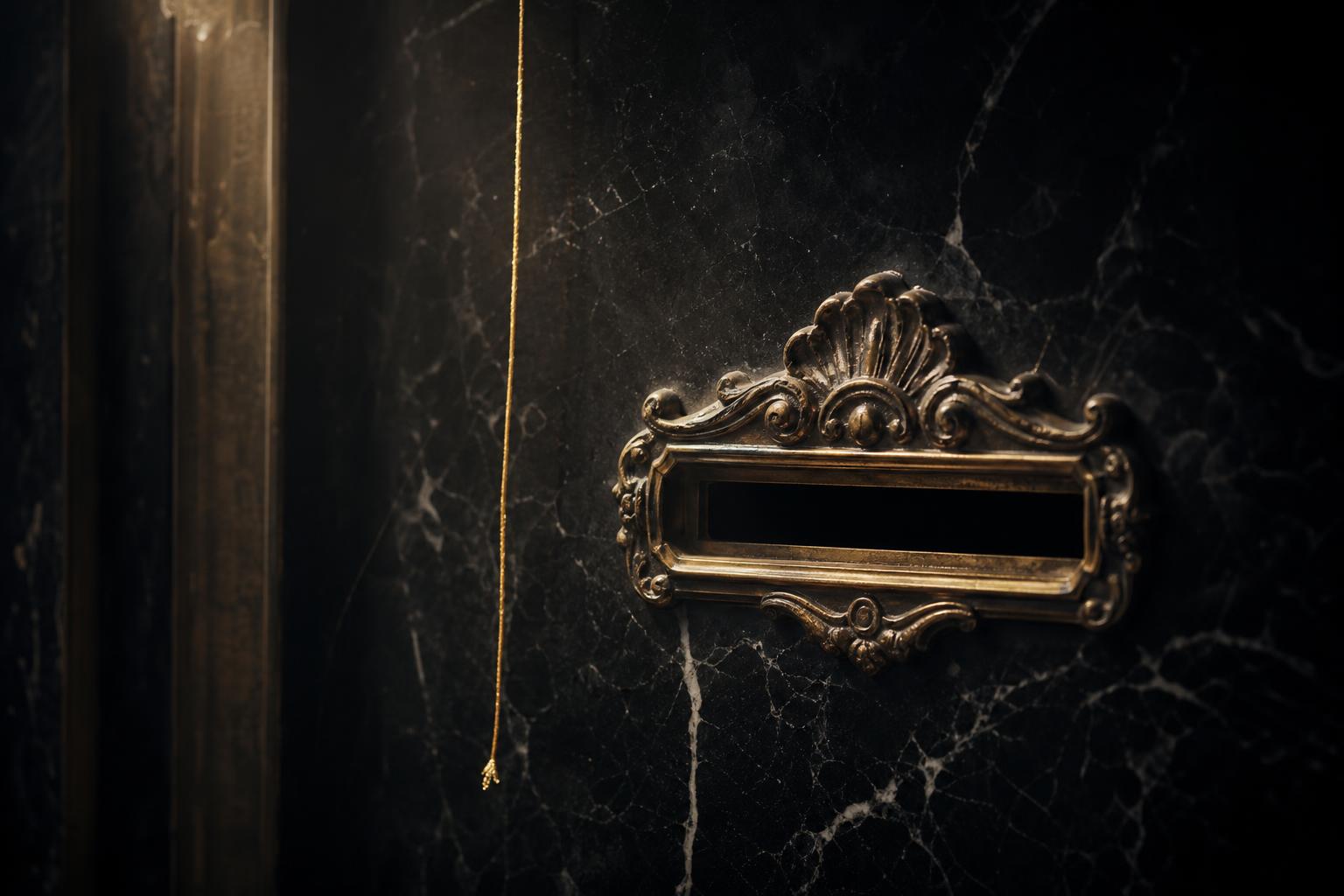 An ornate antique brass mail slot mounted in a black marble wall, a thin gold thread hanging beside it.