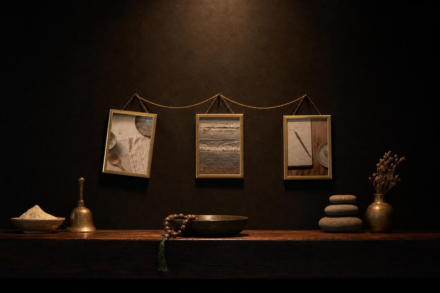 A small domestic shrine on a dark wooden shelf: three crooked framed printouts connected by a delicate gold thread.