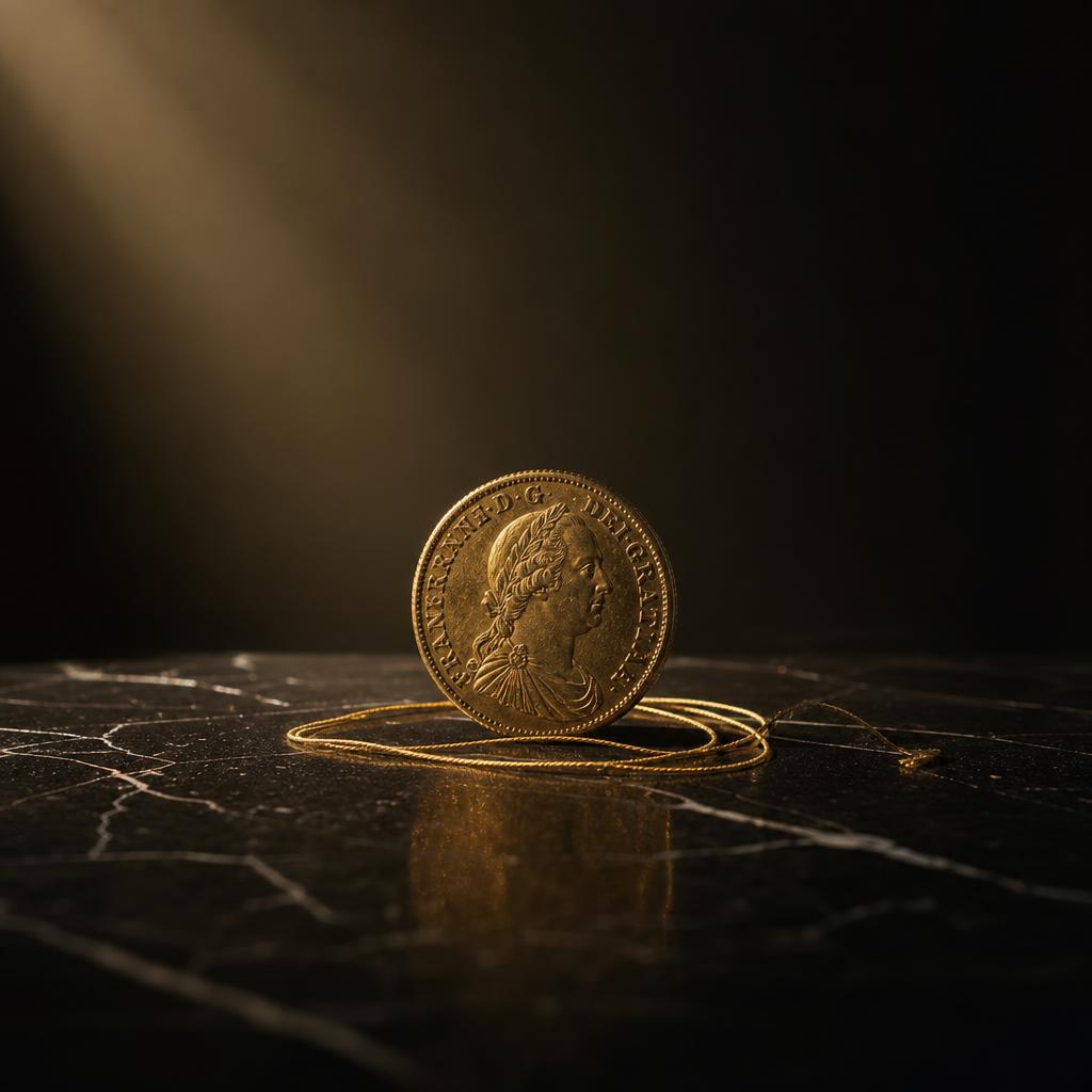 A single antique gold coin standing on its edge on polished black marble, a thin gold thread coiled around its base, lit by a single warm spotlight.