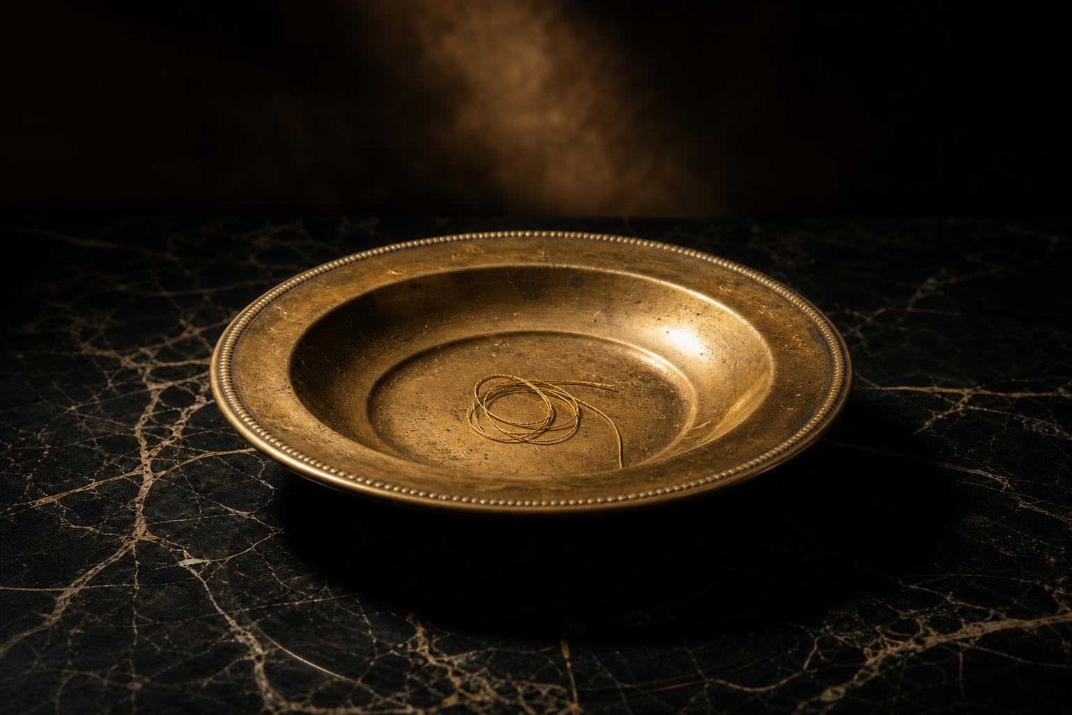 An empty tarnished brass offering plate on black marble, a coil of gold thread resting in the bowl.