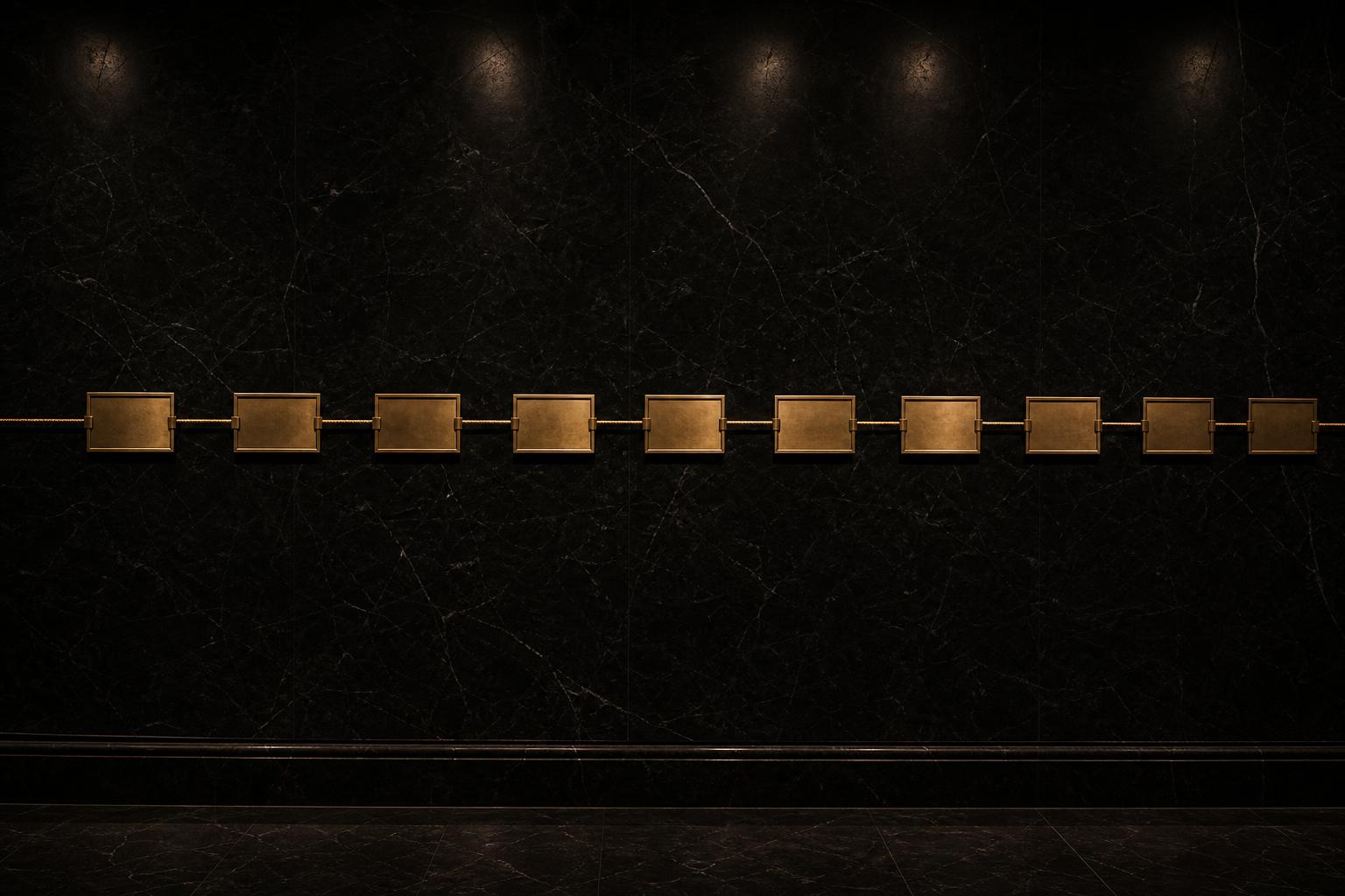 A dark marble museum wall with a long horizontal row of small brass placards connected by a single gold thread.