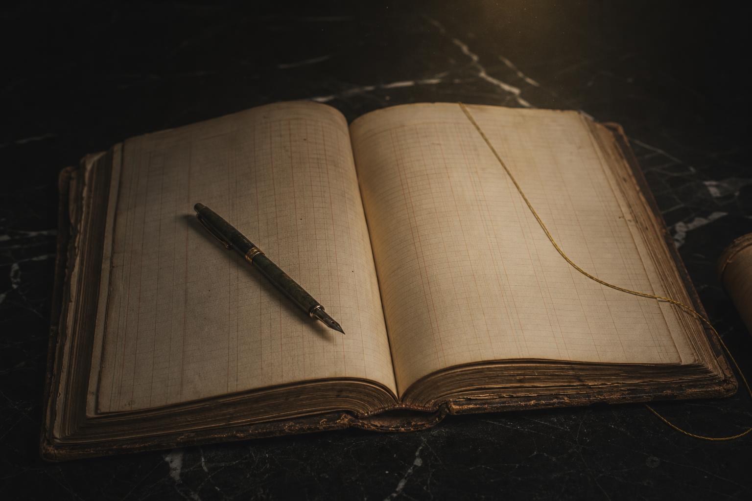 An open antique leather-bound accounting ledger on black marble, blank columns, a fountain pen, a thread of gold.